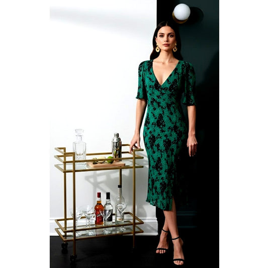 Caroll Paris Women's Green Crinkle Midi Dress Size 6 US | 38 EU