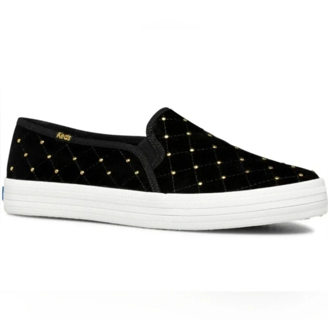 Keds x Kate Spade Double Decker Quilted Velvet Slip-On Black Sneakers Women's Size 8.5