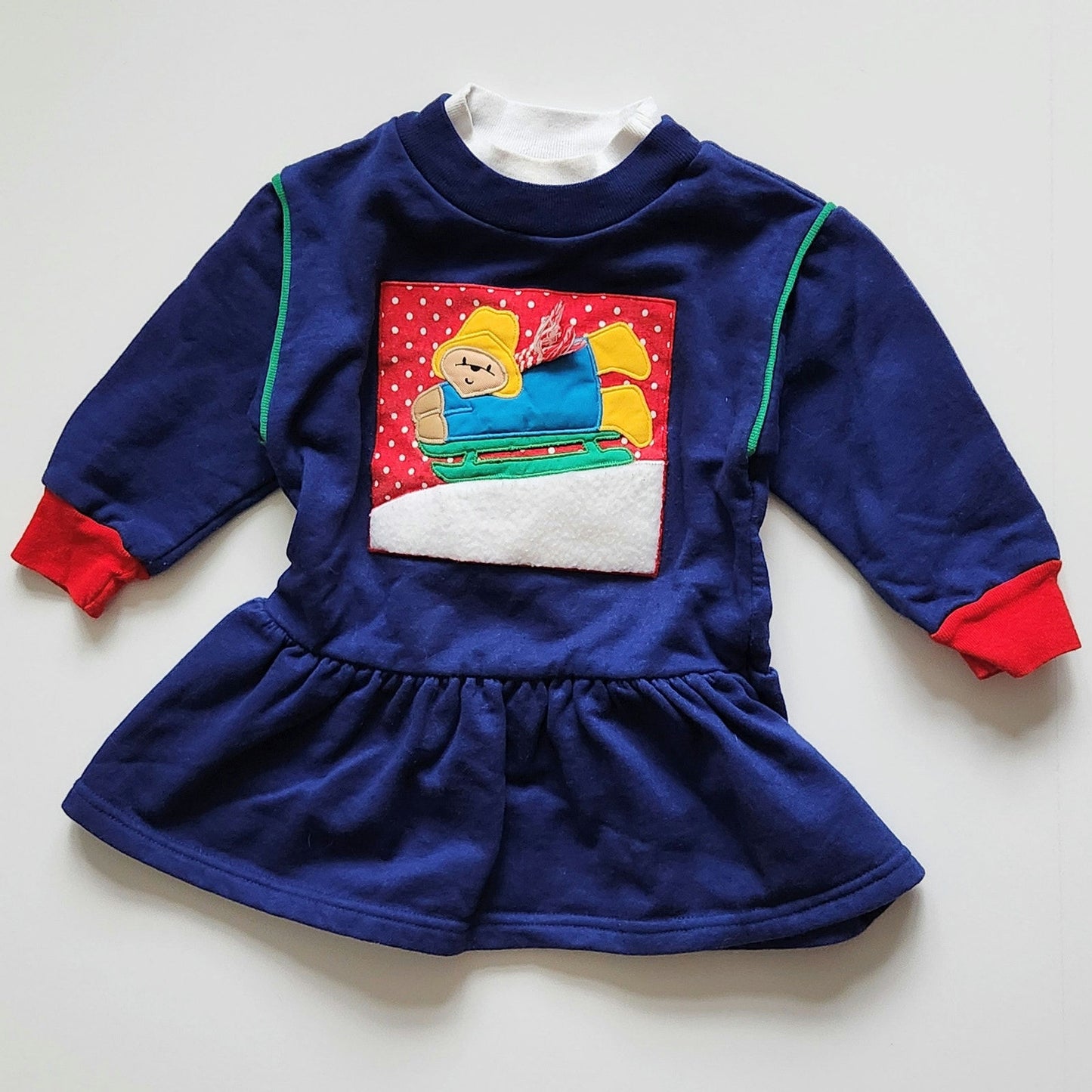 Paddington Bear Vintage 1990s Toddler Girls Blue Sweatshirt Dress Winter Sledding Applique Size 3T