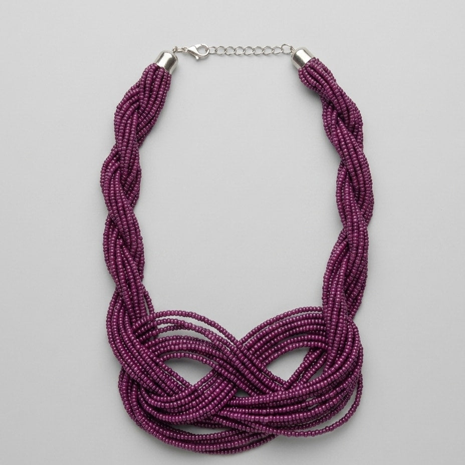 Vintage Y2K Multi-Strand Seed Bead Statement Necklace | Plum Purple Braided Knot