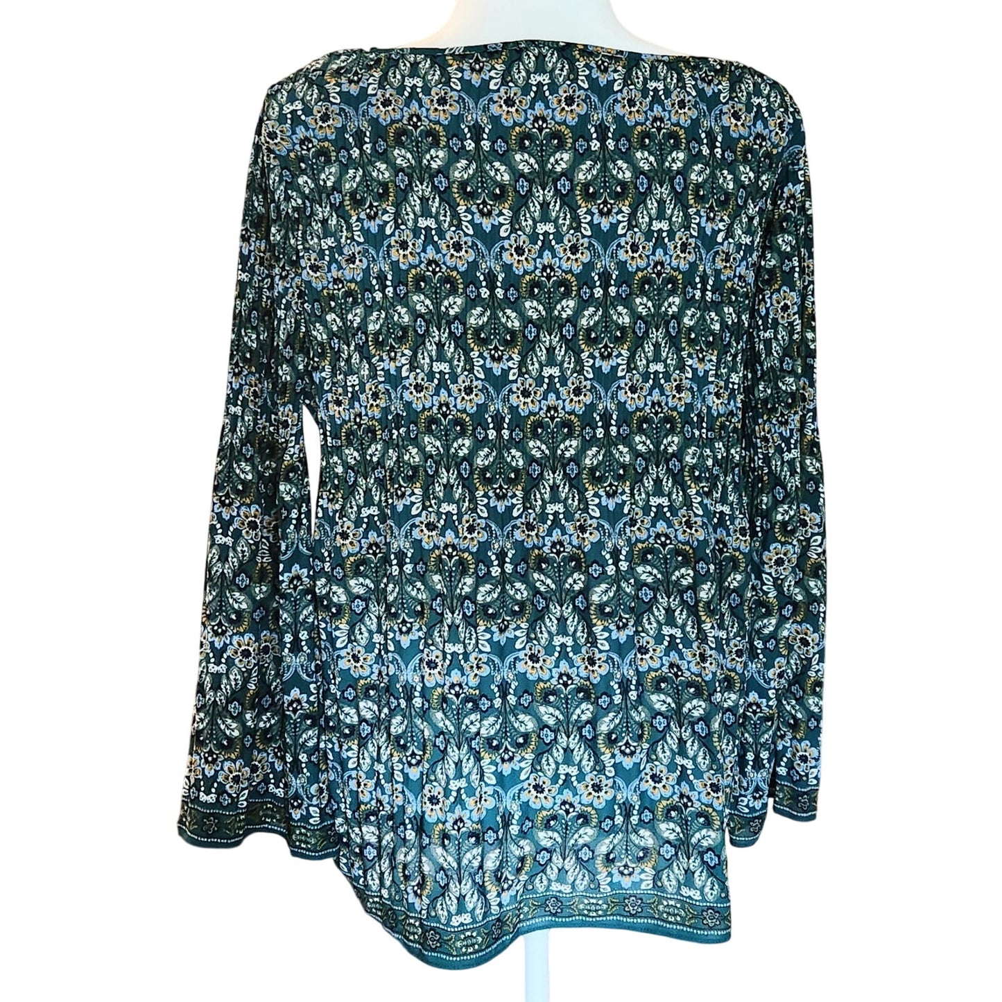 🛍️ Max Studio Women’s Green Floral Crepe Pleated Long Sleeve Blouse – Size L