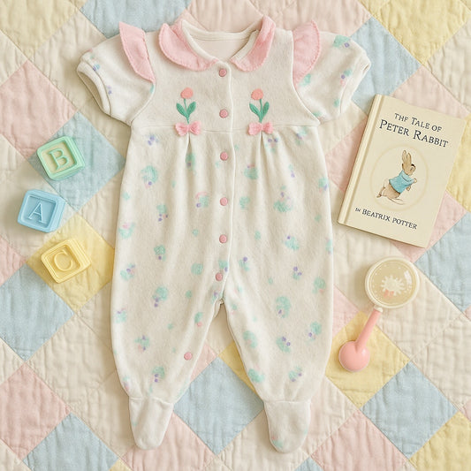 Vintage 1980s Carter’s Baby Girl One-Piece Outfit | Floral Footed Romper | Size Large (12 Months)