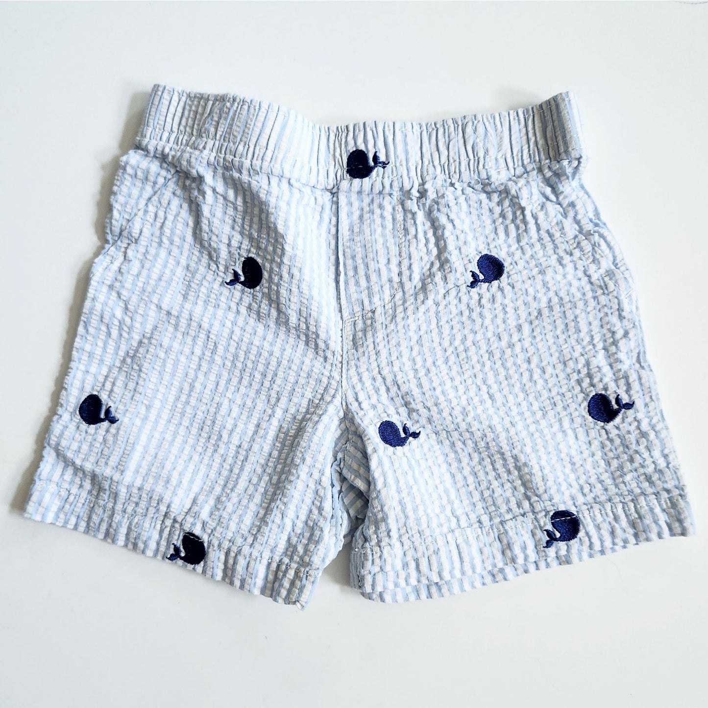 Nursery Rhyme Play Blue & White Striped Seersucker Whale Shorts Size 18 Months