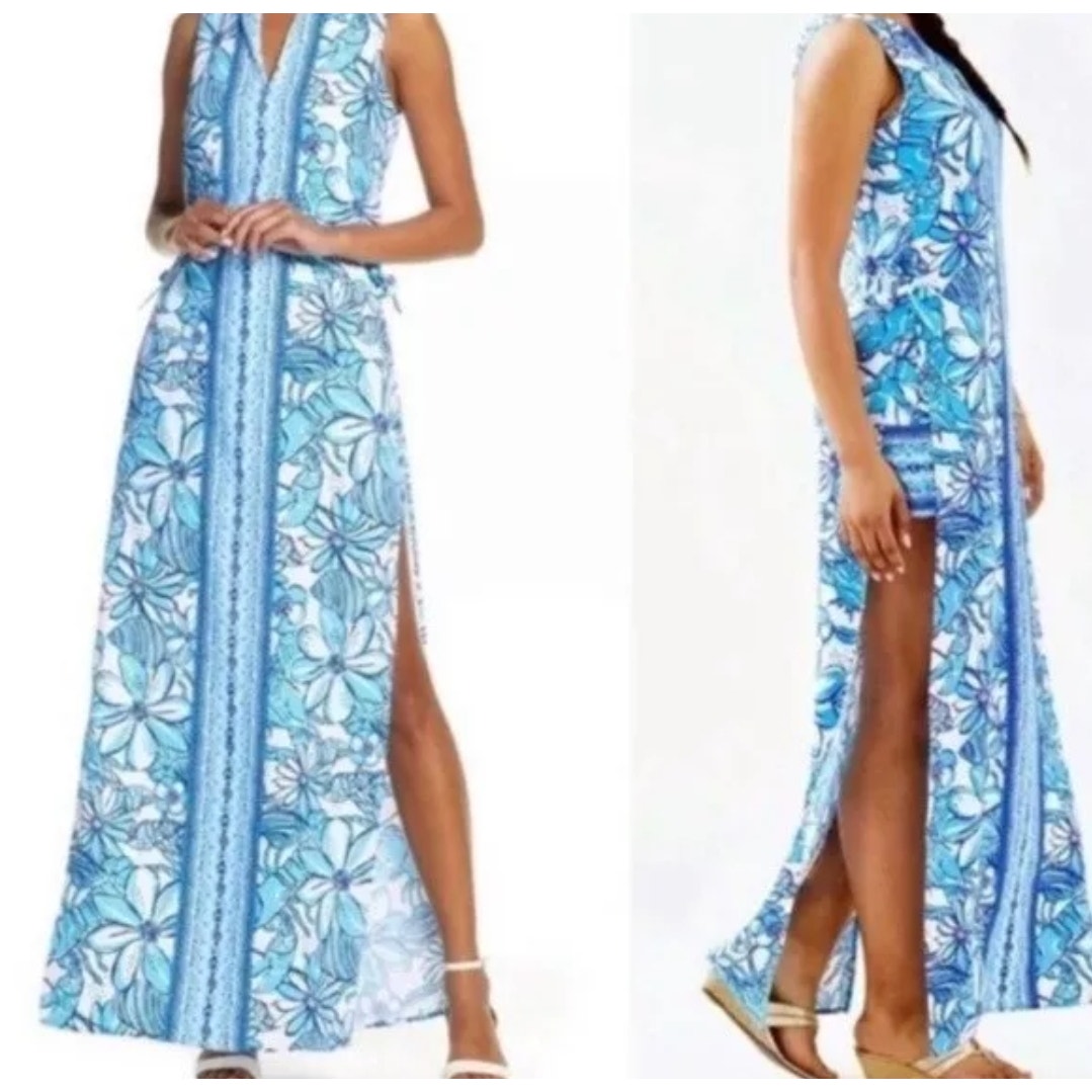 🌸 NWT Lilly Pulitzer Women's Donna Maxi Romper Succulent Blue Pop Up Coronado Crab Size 00