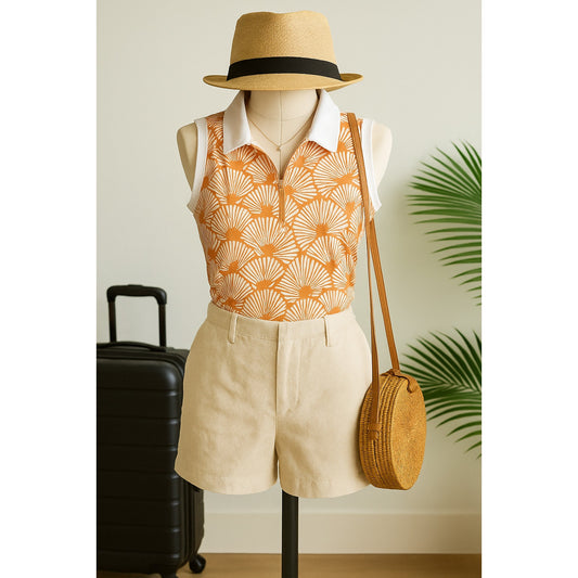 Tommy Bahama Golf Polo | Sleeveless Orange & White Print Collared Top | Women’s Size M Activewear