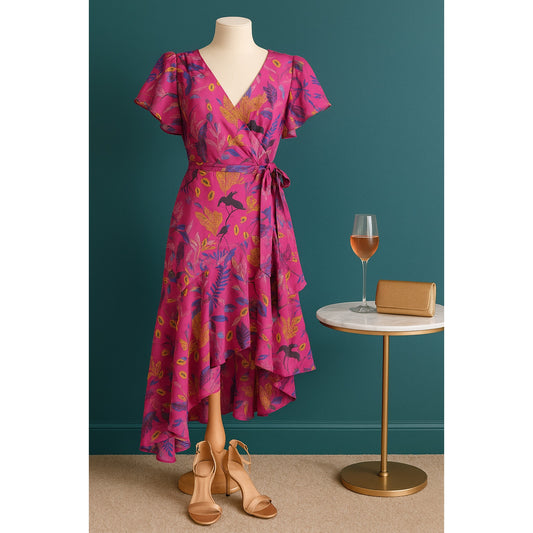 Tanya Taylor Dita Silk Wrap Ruffle Dress – Jungle Leaves Purple – Size 8