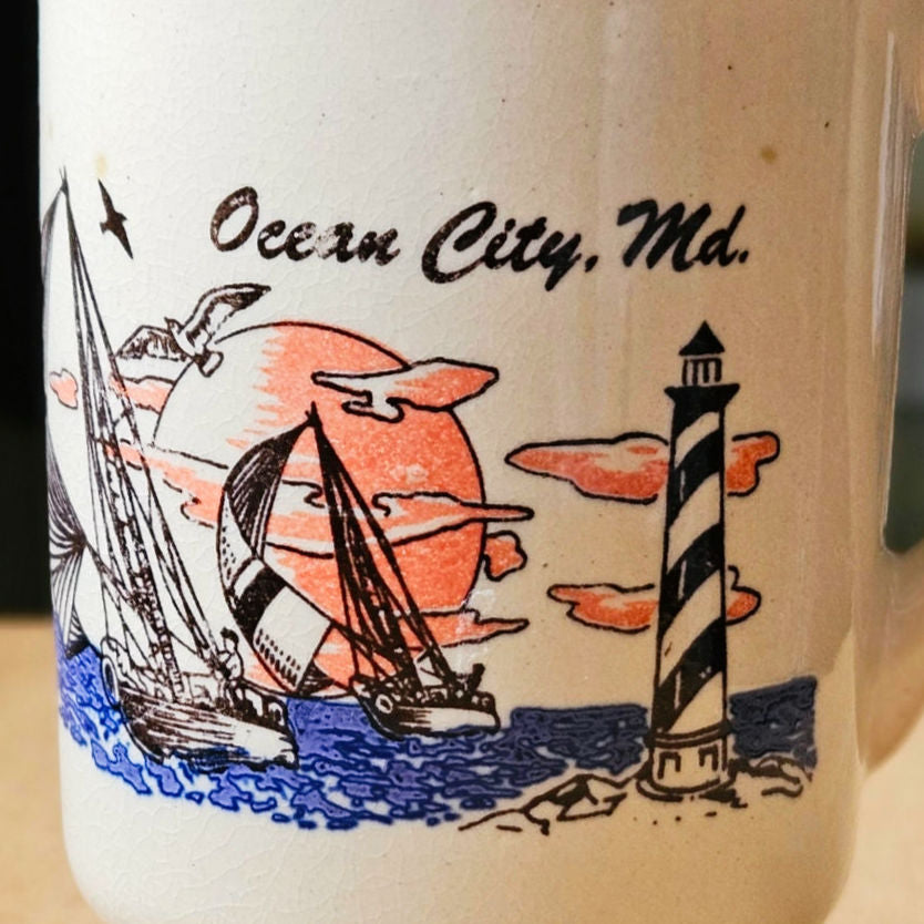 Vintage Ocean City, Maryland Mug Set – Nautical Sailboat & Lighthouse – 1980s Maryland Souvenir Coffee Cups – Coastal Barware Pair