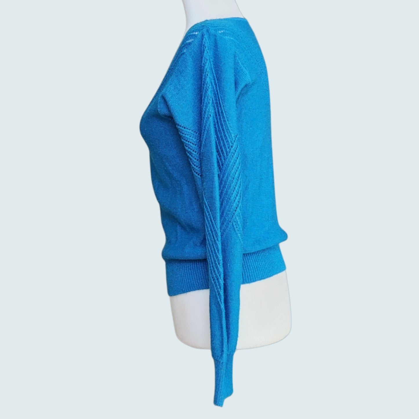 1980s Oscar de la Renta Bright Blue Knit Sweater | Chevron Detail V-Neck | Women's S