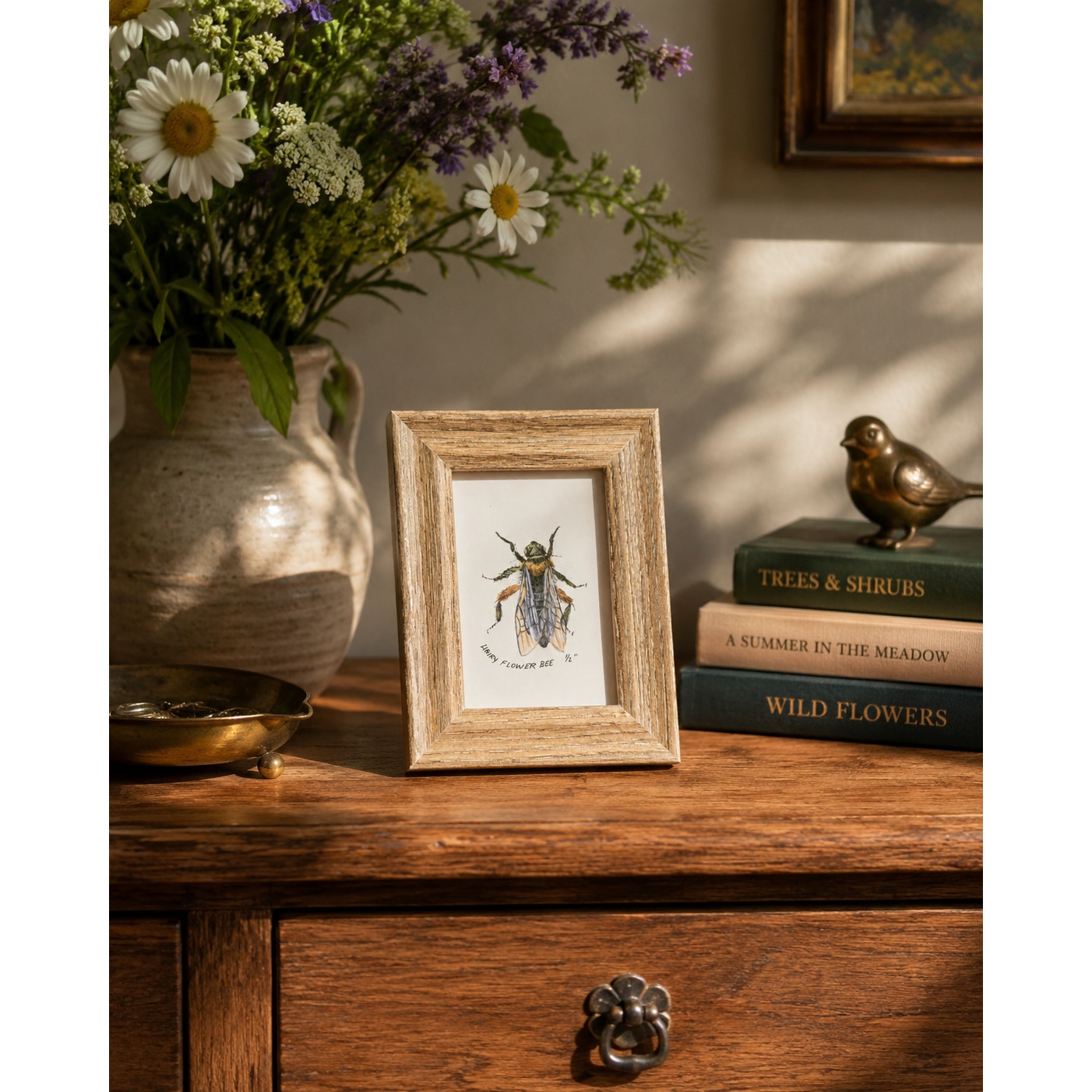 Vintage 1990s Maryjo Koch Hairy Flower Bee Print | Framed Mini Insect Nature Art