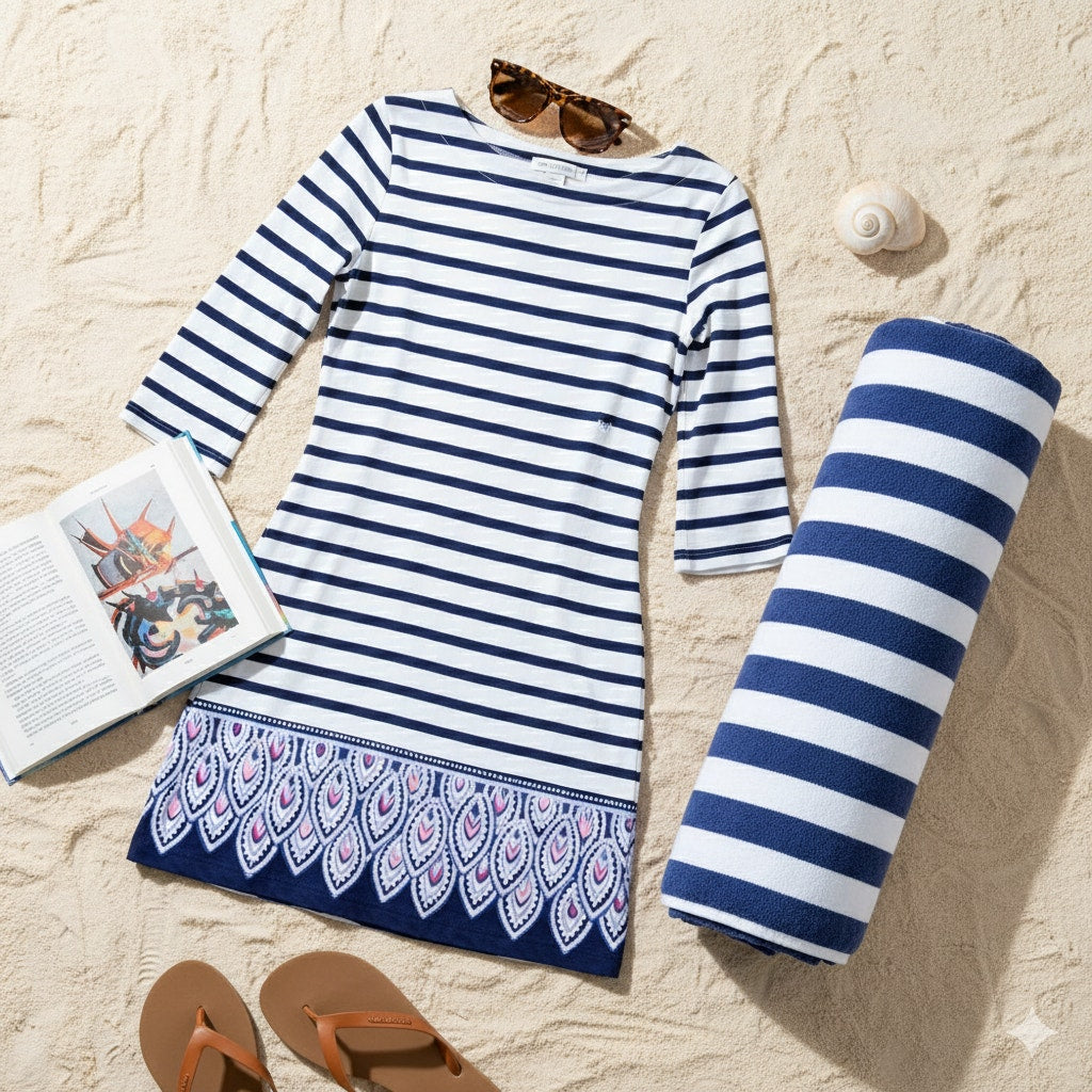 Lilly Pulitzer Beacon Blue Serene Striped Peacock Engineered Dress – Women's Small