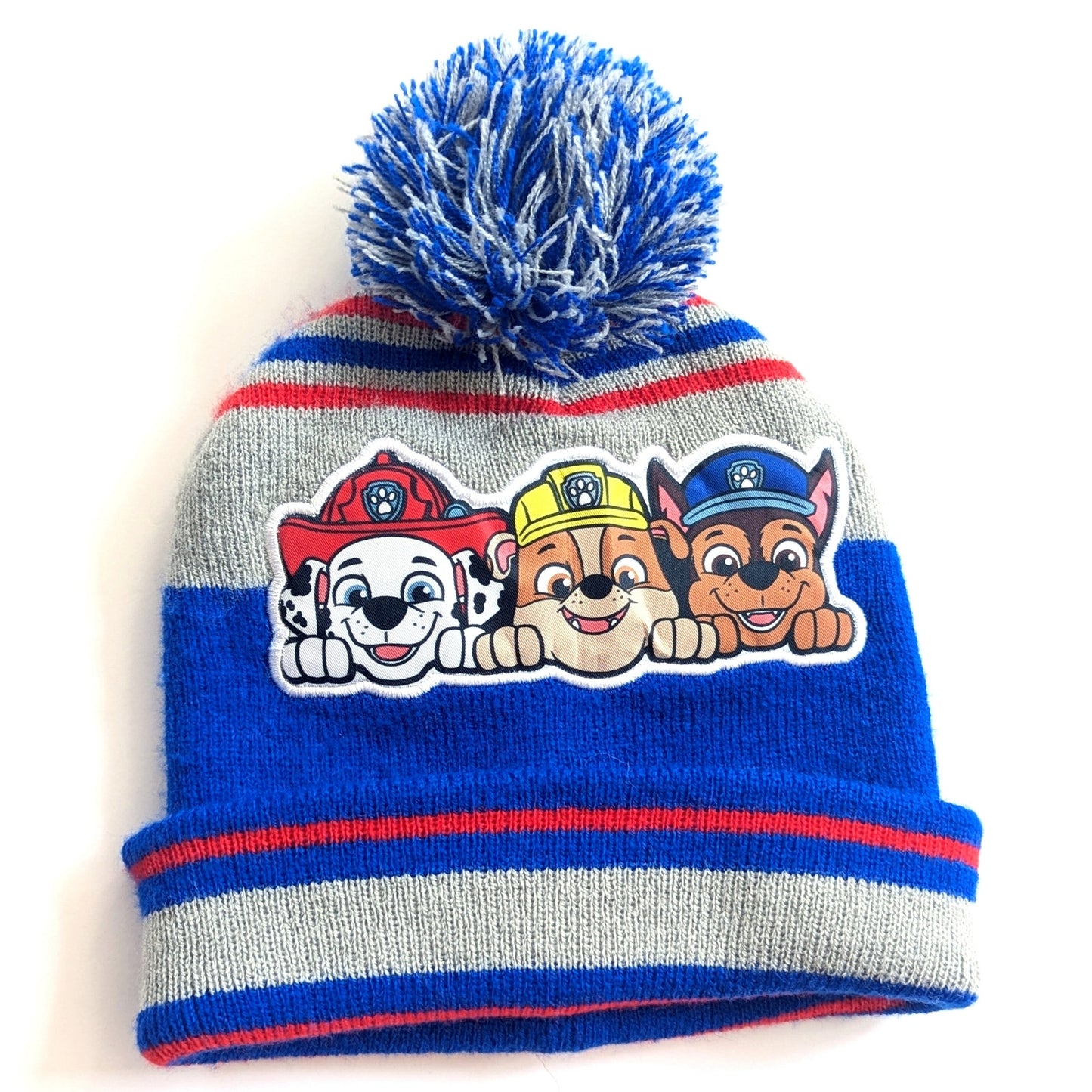Nickelodeon Paw Patrol Toddler Winter Beanie Hat – Pom Pom Blue, Red & Gray Stripes