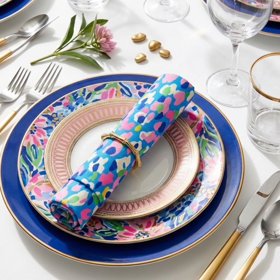 Lilly Pulitzer Hottie Dottie Blue & Pink Napkins & Bamboo Rings | Set of 4