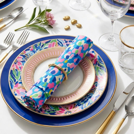 Lilly Pulitzer Hottie Dottie Blue & Pink Napkins & Bamboo Rings | Set of 4