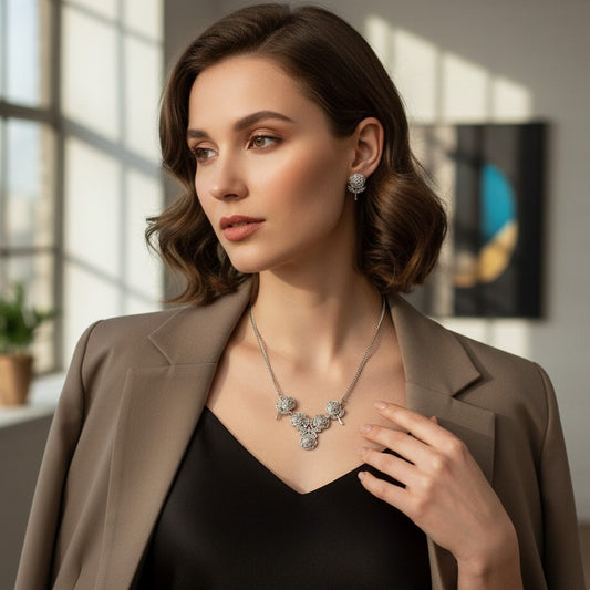 1940s Sterling Silver & Marcasite Rose Necklace and Earrings Set | Romantic Floral Art Deco Jewelry