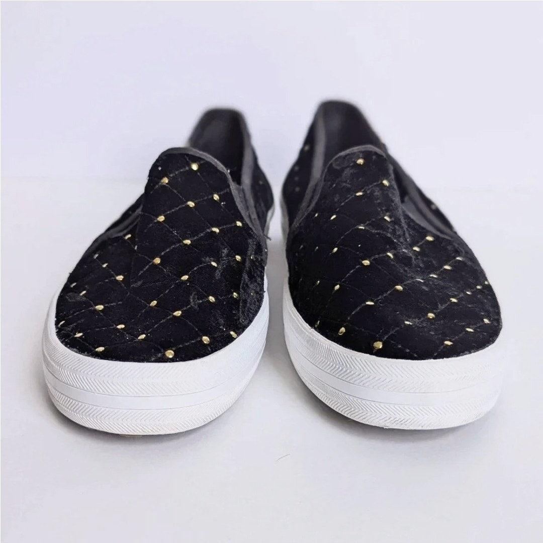 Keds x Kate Spade Double Decker Quilted Velvet Slip-On Black Sneakers Women's Size 8.5