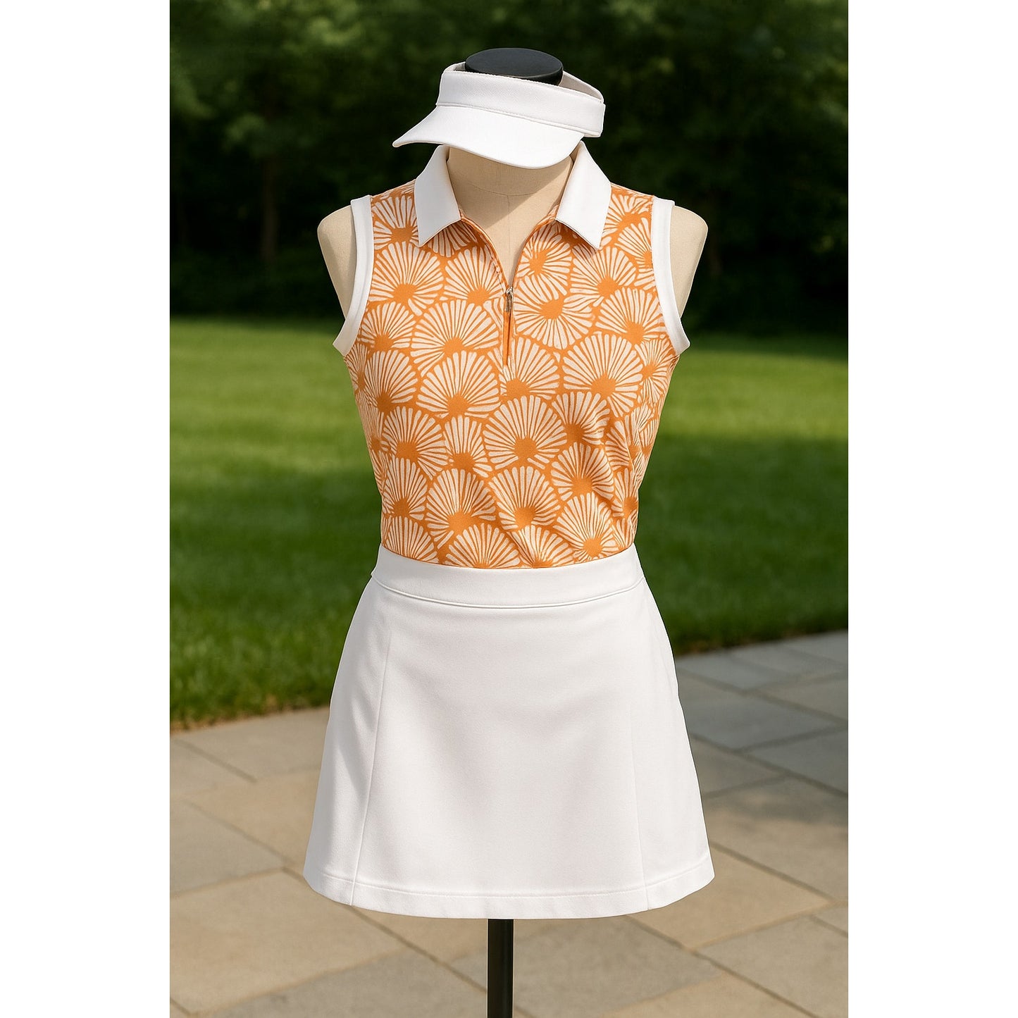 Tommy Bahama Golf Polo | Sleeveless Orange & White Print Collared Top | Women’s Size M Activewear