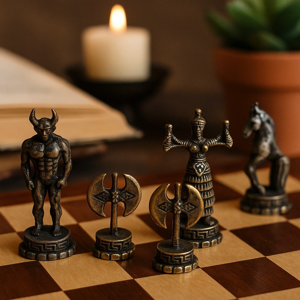 Vintage Forma Greek Mythology Chess Set – Never Opened – Brass & Pewter Pieces 1.5"–2.25" – Collectible Home Display