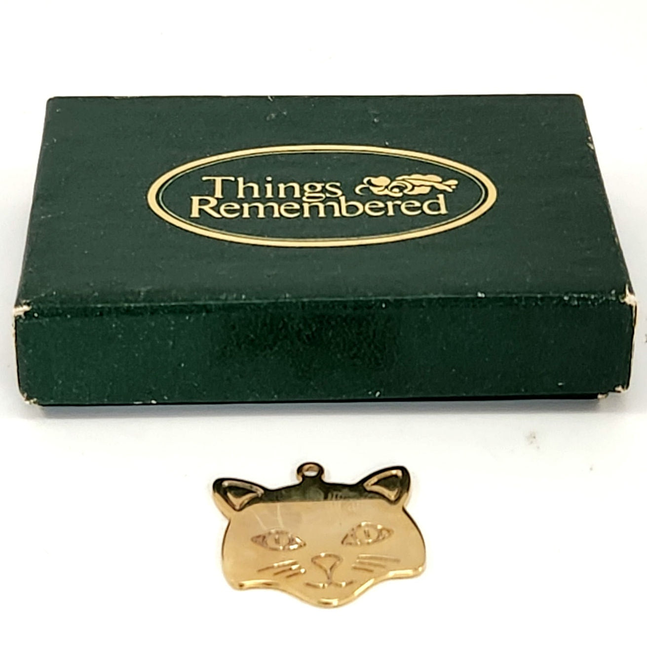 1990s Brass Cat Face Tag with Gift Box – Personalized “Boo-Boo” Pet ID Charm