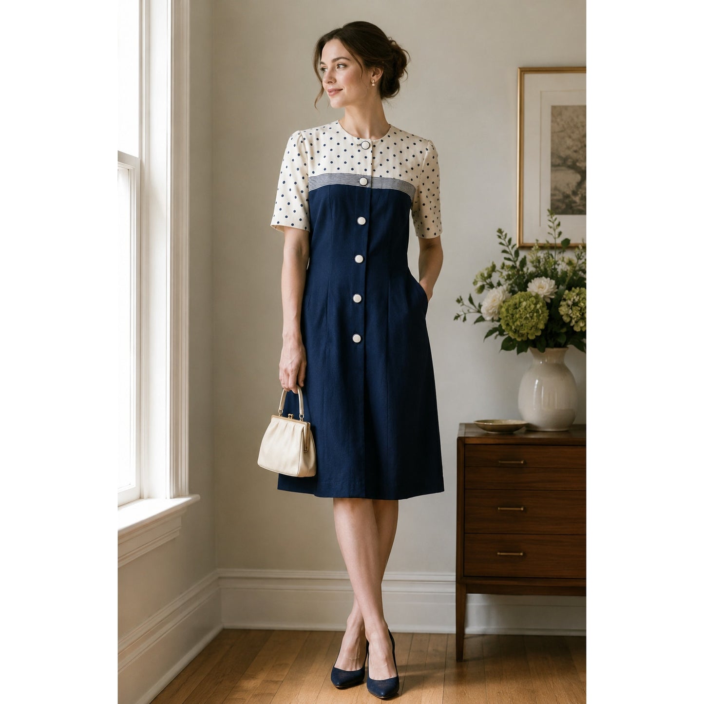 Vintage 1990s Damon Petite Navy and White Polka Dot Dress | Women's 10 | Union Made USA