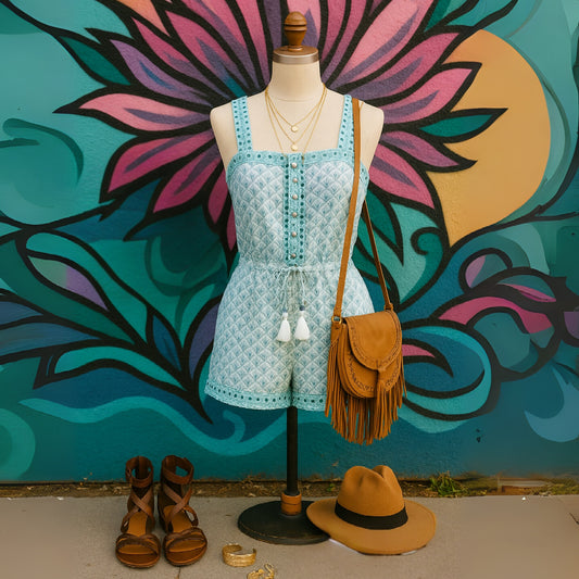 Vineyard Vines Embroidered Tiny Leaves Sleeveless Cotton Boho Romper Women's Size XXS