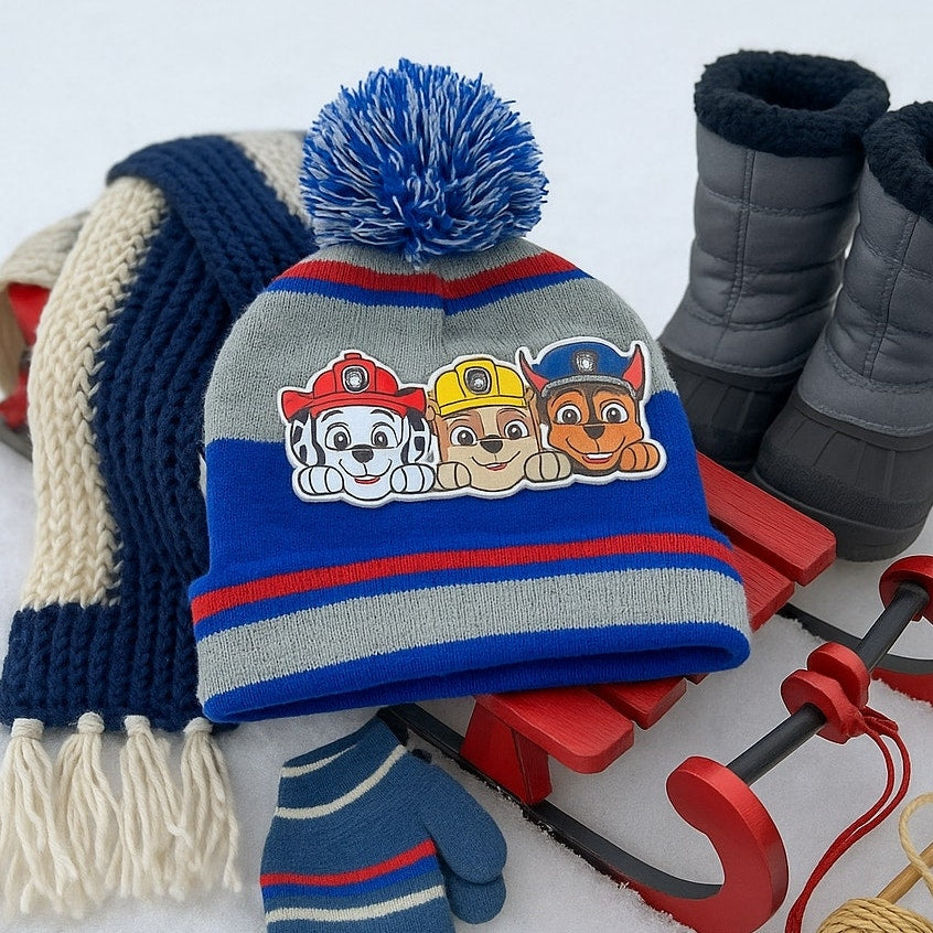 Nickelodeon Paw Patrol Toddler Winter Beanie Hat – Pom Pom Blue, Red & Gray Stripes