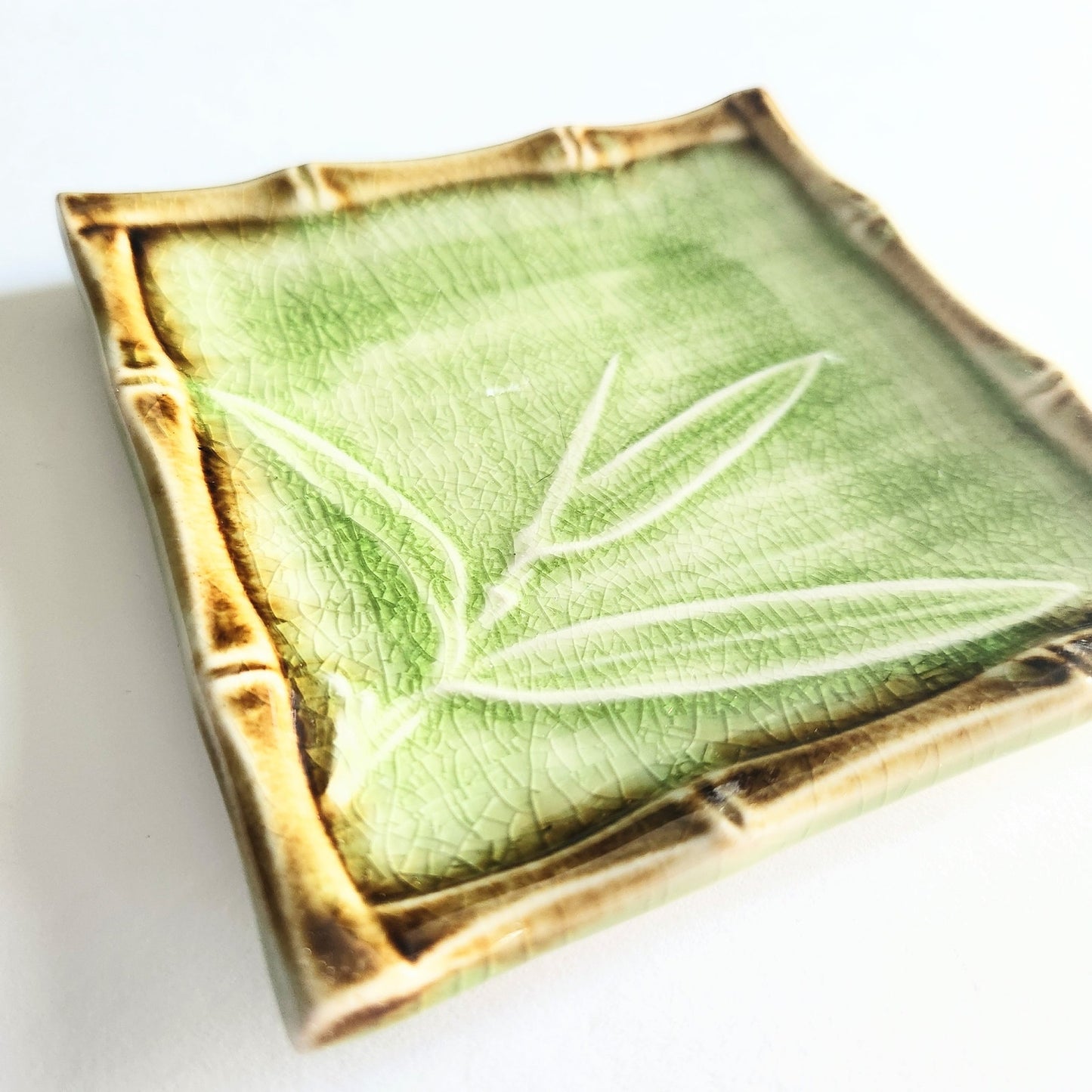 Japanese Bamboo Grass Green Crackle Glaze Square Dishes