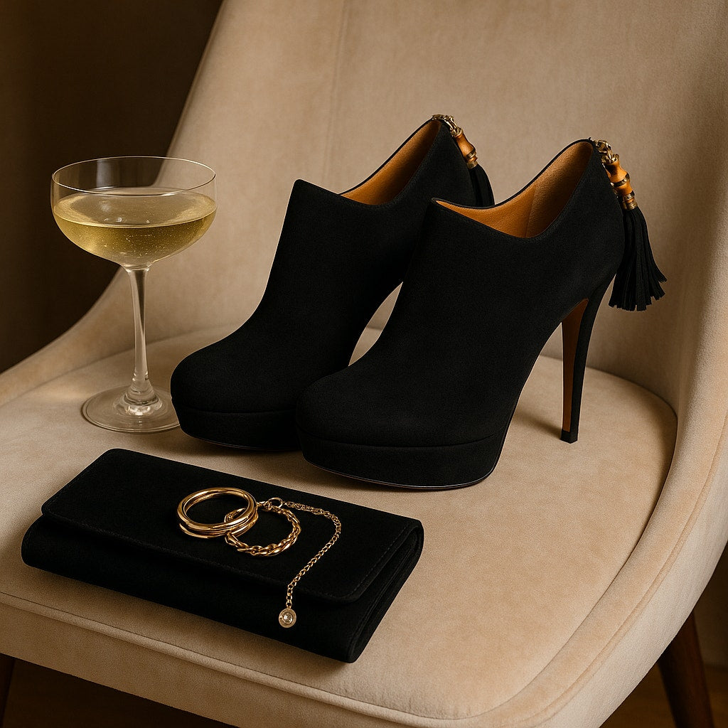 Gucci Betty High Heel Platform Bootie Size 36.5 | 6.5 Black Suede Bamboo Tassel