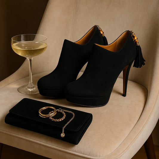 Gucci Betty High Heel Platform Bootie Size 36.5 | 6.5 Black Suede Bamboo Tassel