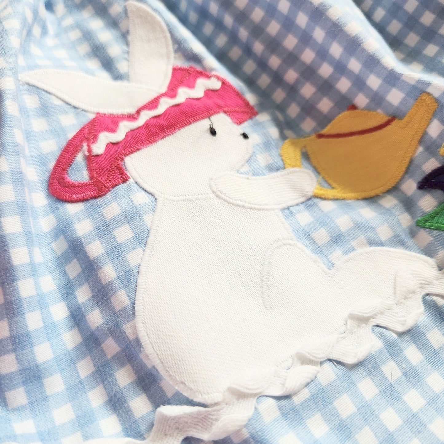 Vintage 1980s Baby Girl Dress – Blue Gingham Bunny Rabbit & Tulip Teapot Appliqué – Infant 18 Months Easter Spring Tea Party Outfit