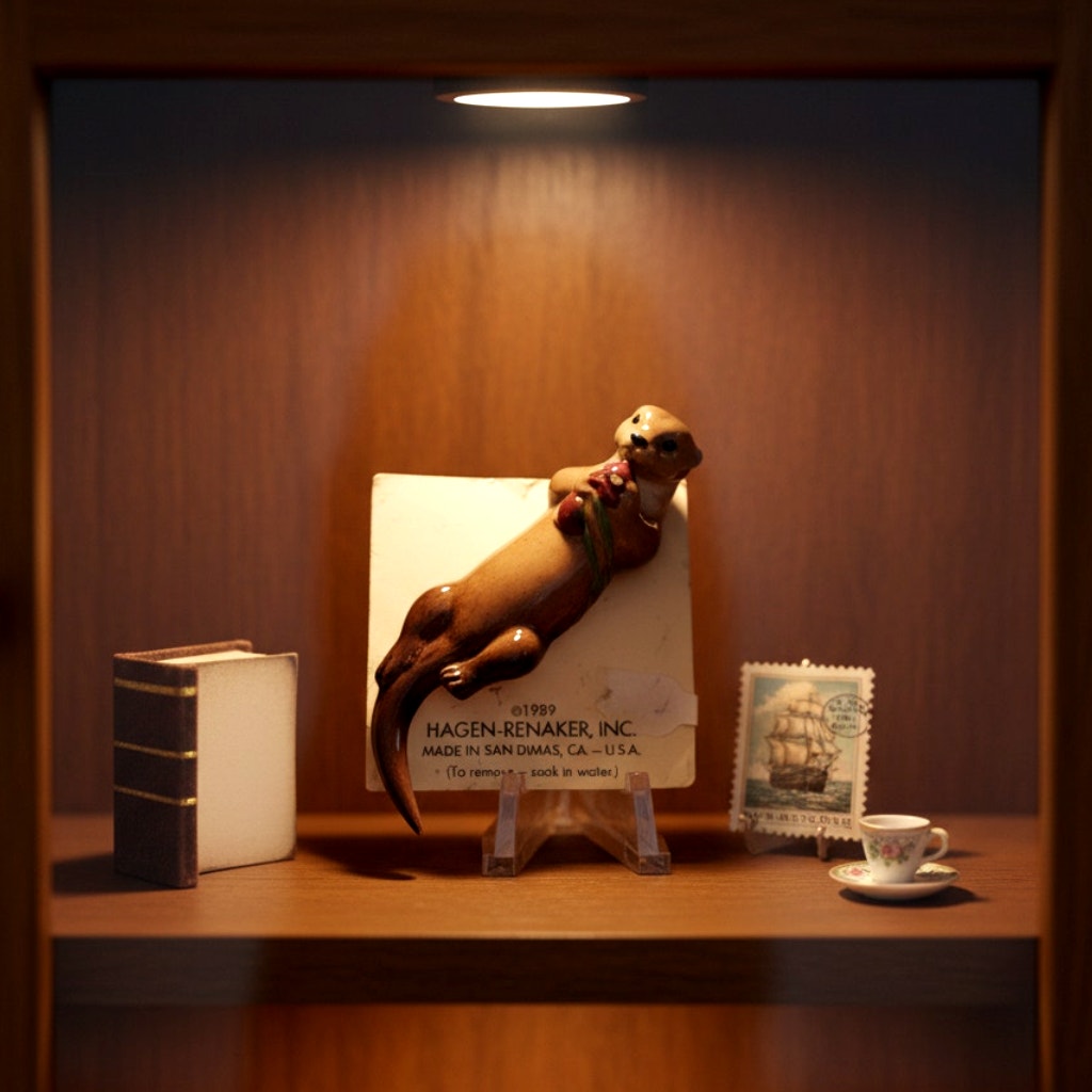 Vintage 1989 Hagen-Renaker Otter Figurine with Flowers – Walt Disney Licensed Miniature on Card – Collectible Ceramic Animal