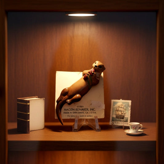 Vintage 1989 Hagen-Renaker Otter Figurine with Flowers – Walt Disney Licensed Miniature on Card – Collectible Ceramic Animal