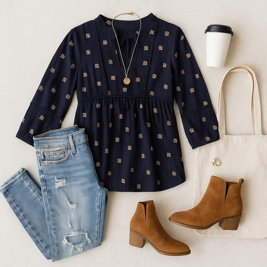 Boden Boho Women's Tassel Tie Blouse Navy Gold Print 100% Cotton Petite 10P Bohemian Top