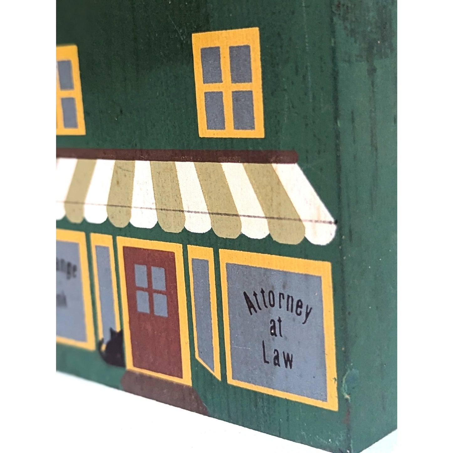 Cat’s Meow Village 1984 Attorney & Bank Green House Shelf Sitter – Vintage 1985 Signed Faline Jones Wooden Home Collectible