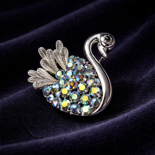 Vintage Aurora Borealis Swan Brooch | Silver Tone Mid Century Jewelry