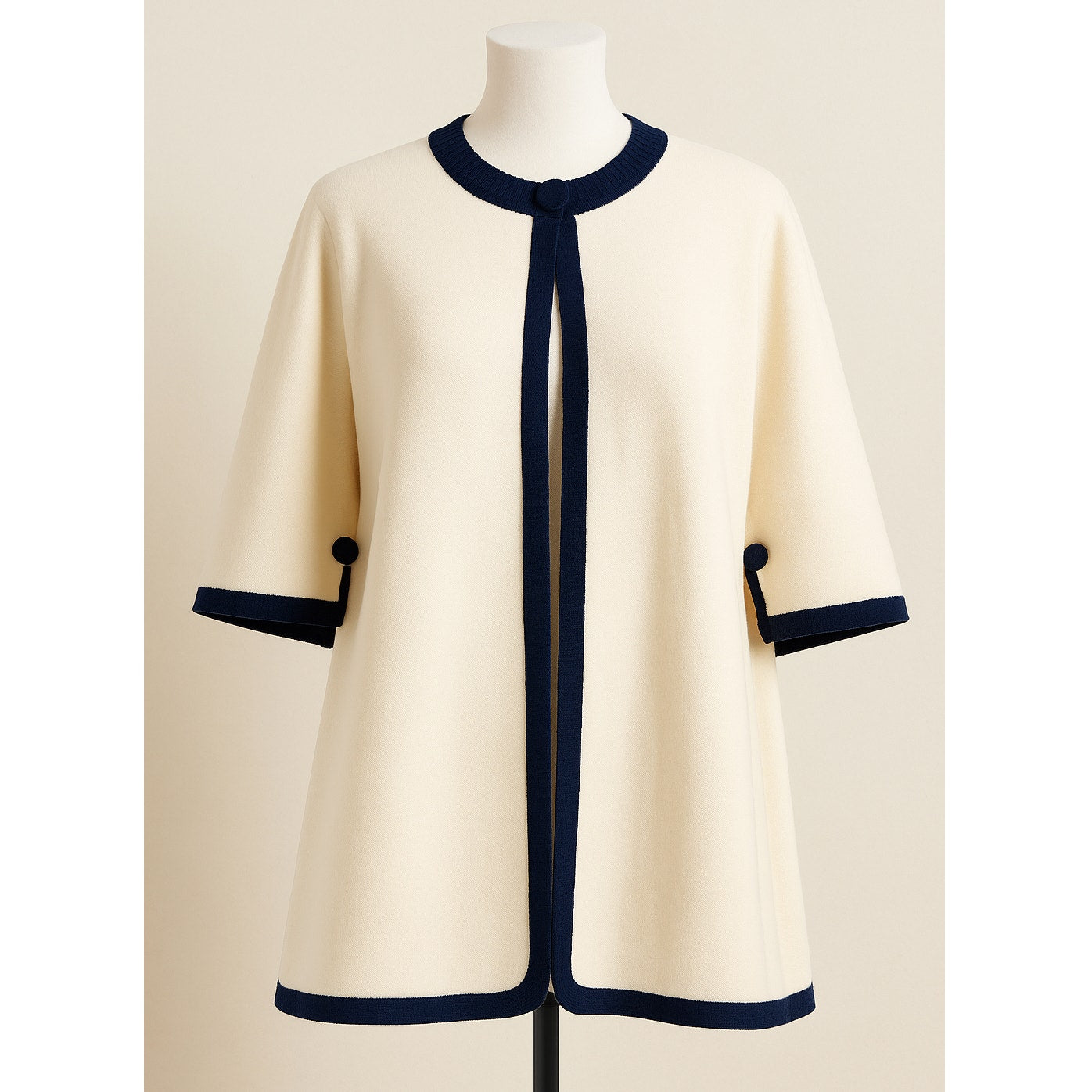 Retro-Inspired Cream Cape Jacket with Navy Trim | Classic Mod Style | Open Front
