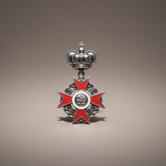 Vintage Style Royal Order Brooch | Crown & Red Enamel Cross Medal Pin | Statement Heraldic Jewelry