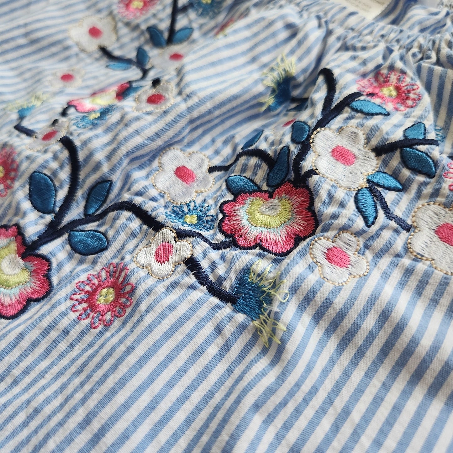 Bebe Girls Blue & White Striped Floral Embroidery Flutter Sleeve Dress Size 5-6