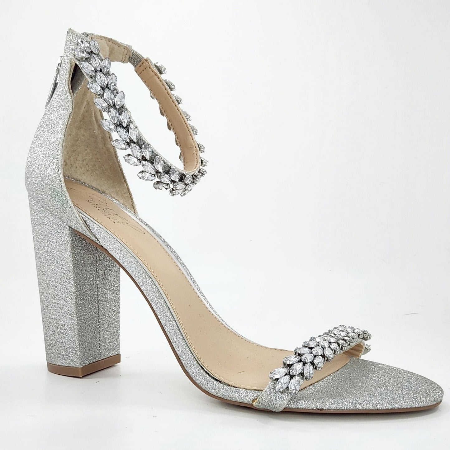 Jewel by Badgley Mischka Women’s Mayra Ankle Strap Evening Shoes – Silver – Size 9.5