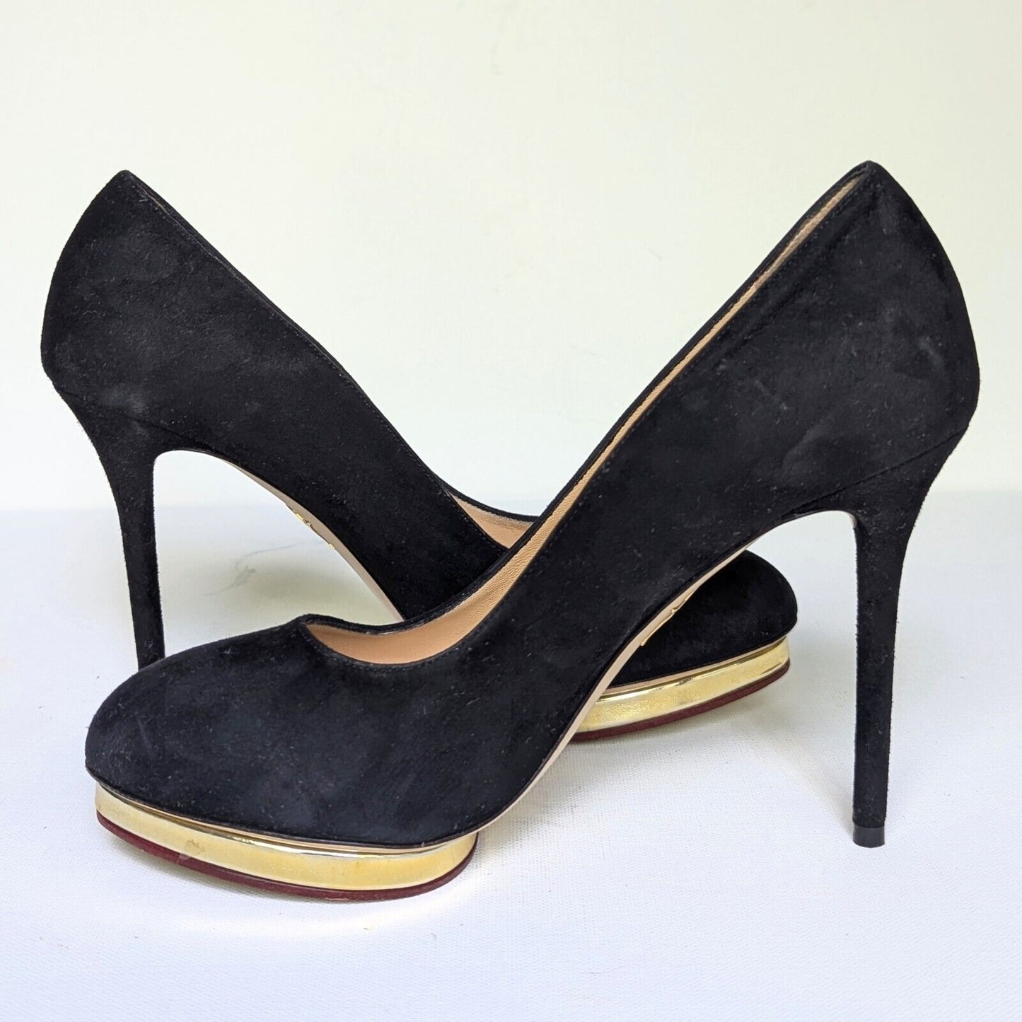 Charlotte Olympia Black Suede & Gold Debbie Pumps Size 39 | 8.5 Made in Italy