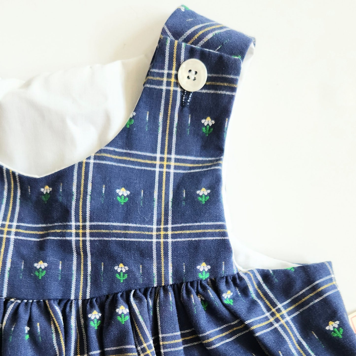 Vintage 1980s Good Lad Daisy & Bumblebee Jumper Dress | Baby Girl 18 Months | Navy Blue Plaid with Appliqué Flower & 3D Bee | Made in USA | NWT