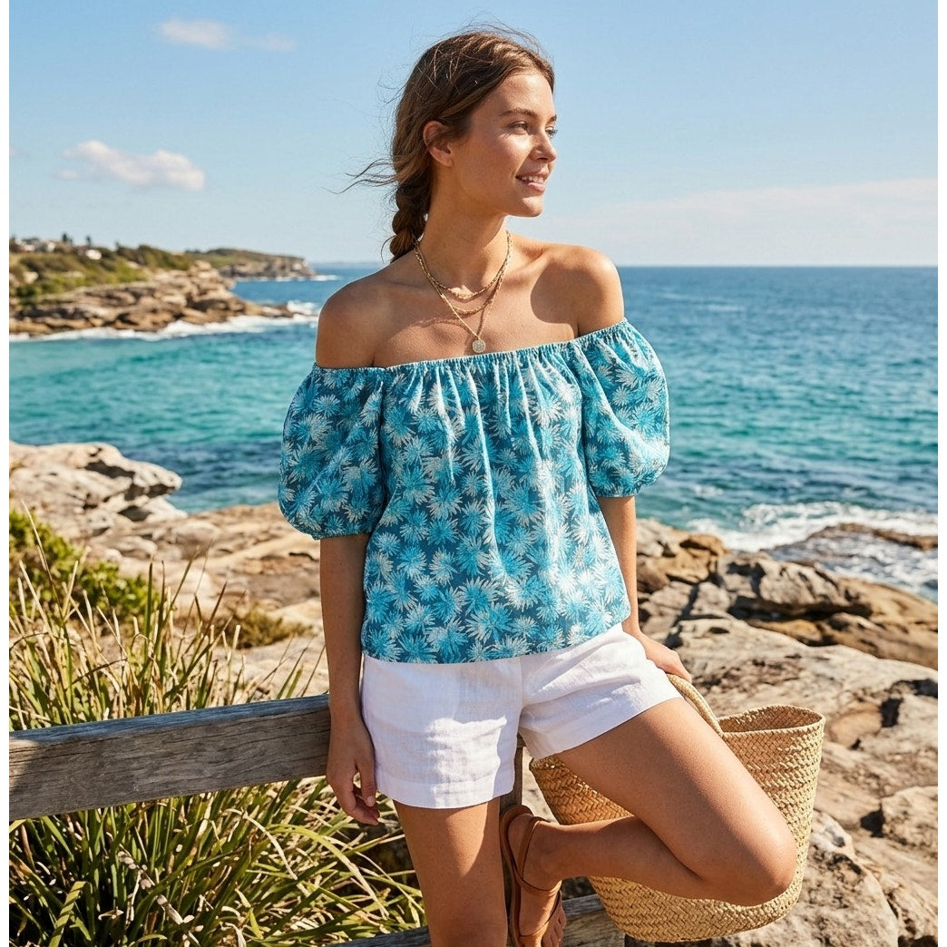 Michael Kors Off Shoulder Metallic Gold Detail Floral Blouse in Nassau Teal Size S