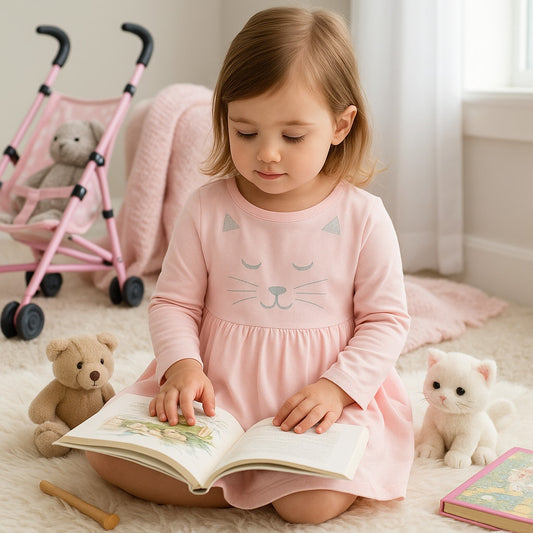 🐱 Hanna Andersson Sparkly Cat Face Dress – Petal Pink Long Sleeve Twirly Dress | Toddler Girls Size 3T