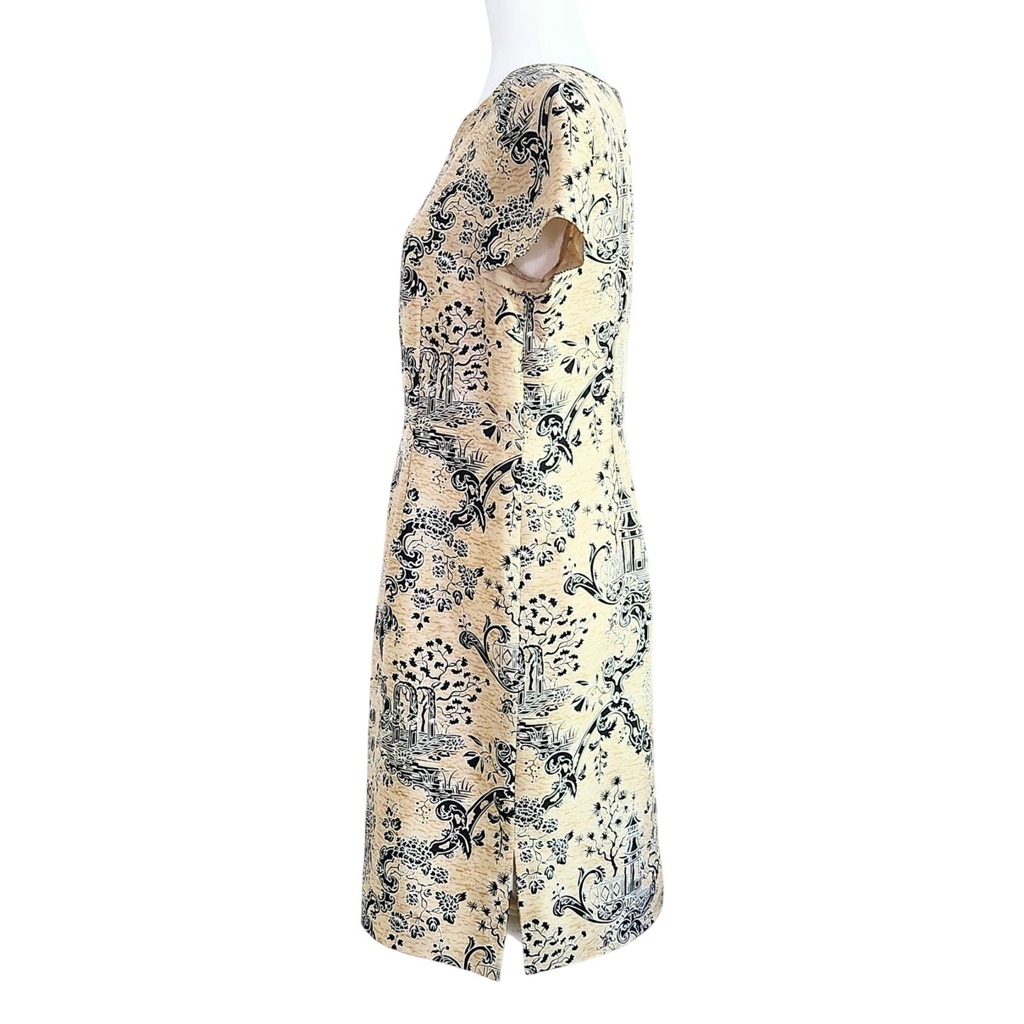 Talbots 100% Silk Sheath Dress – Asian Motif Beige & Black Women's Size 10