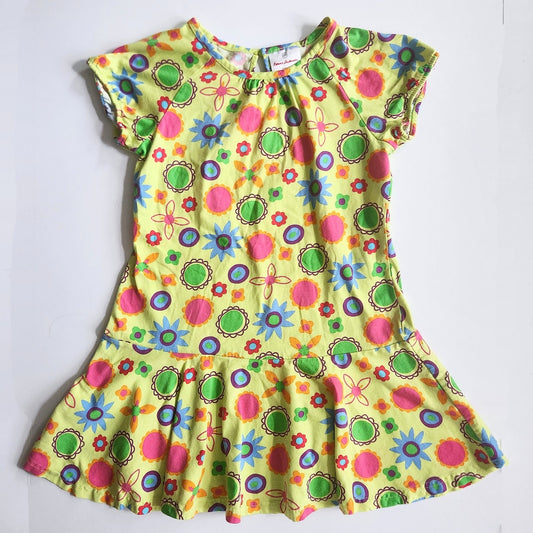 Hanna Andersson Girls Neon Yellow Flower Power Drop Waist Dress Size 120 cm | 6-7