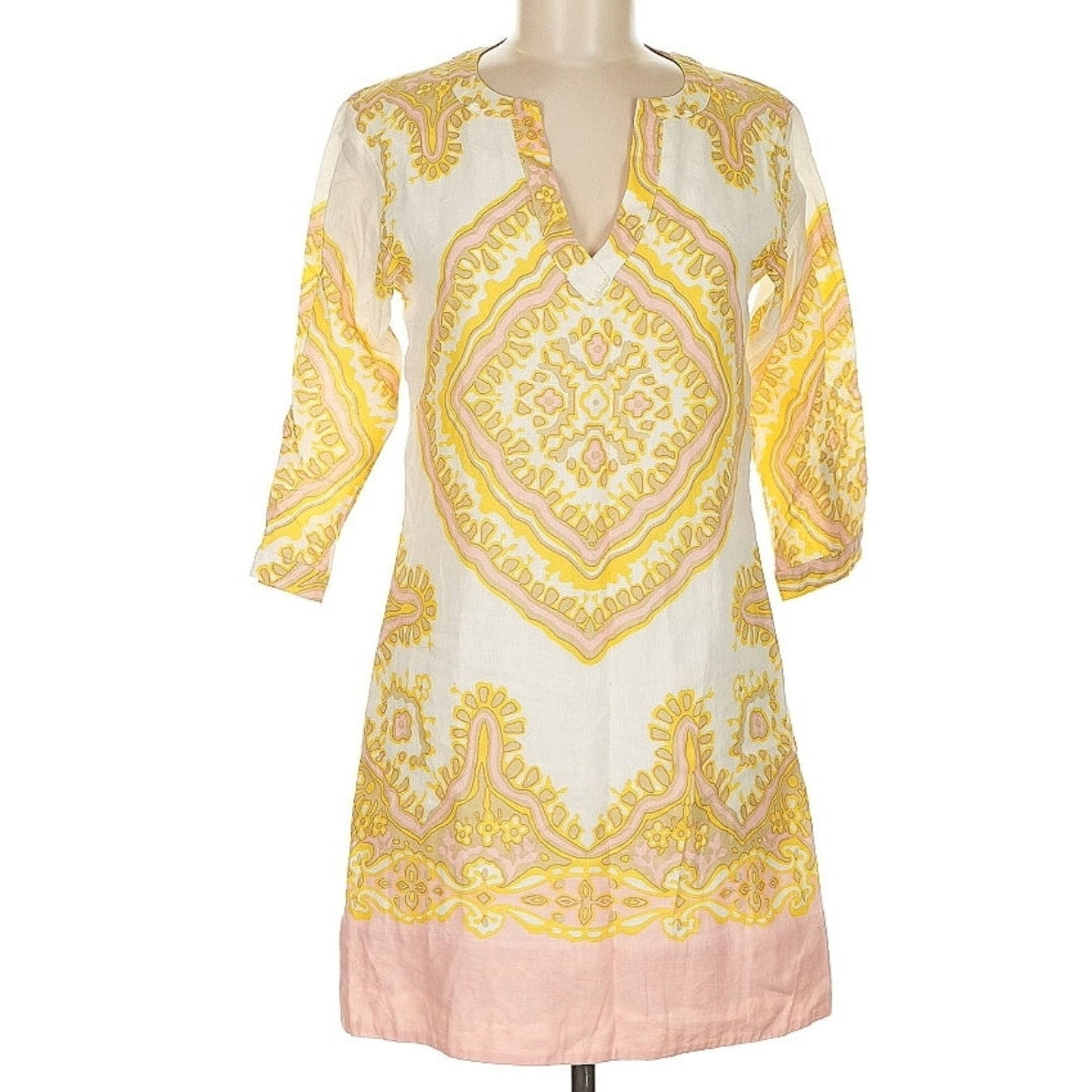 J.Crew Linen Boho Tunic Dress Women’s Size 2 Pink Yellow Ivory 3/4 Sleeve Lined