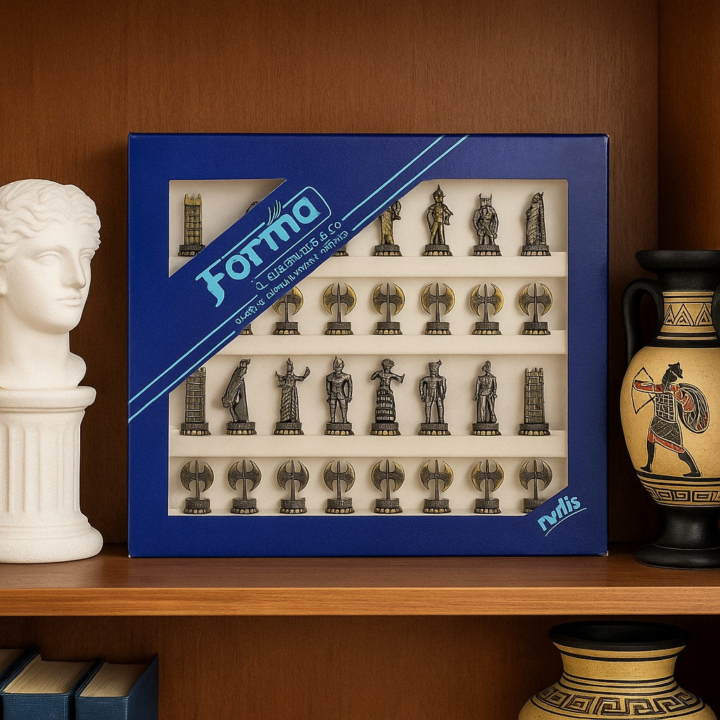 Vintage Forma Greek Mythology Chess Set – Never Opened – Brass & Pewter Pieces 1.5"–2.25" – Collectible Home Display