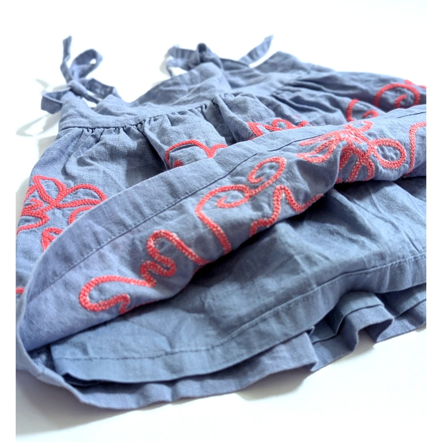 Tea	Collection Linen Blend Blue Chambray Red Embroidered Dress Size 3-6 months