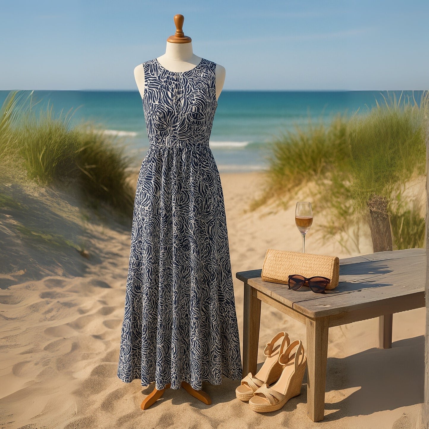 Tyler Böe Women's Blue & White Seashell Print Rachel Maxi Dress Size Small