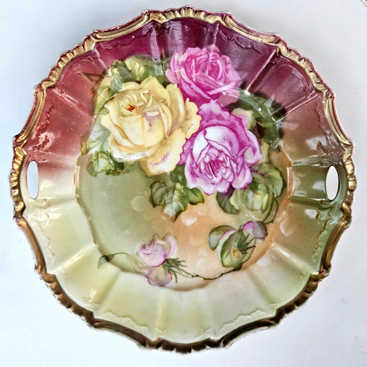 Antique Kuno Steinmann Tiefenfurt Porcelain Bowl  Hand-Painted “Roses à la Paris” | Made in Germany | Circa 1900–1915 | Heavy Gold Gilt