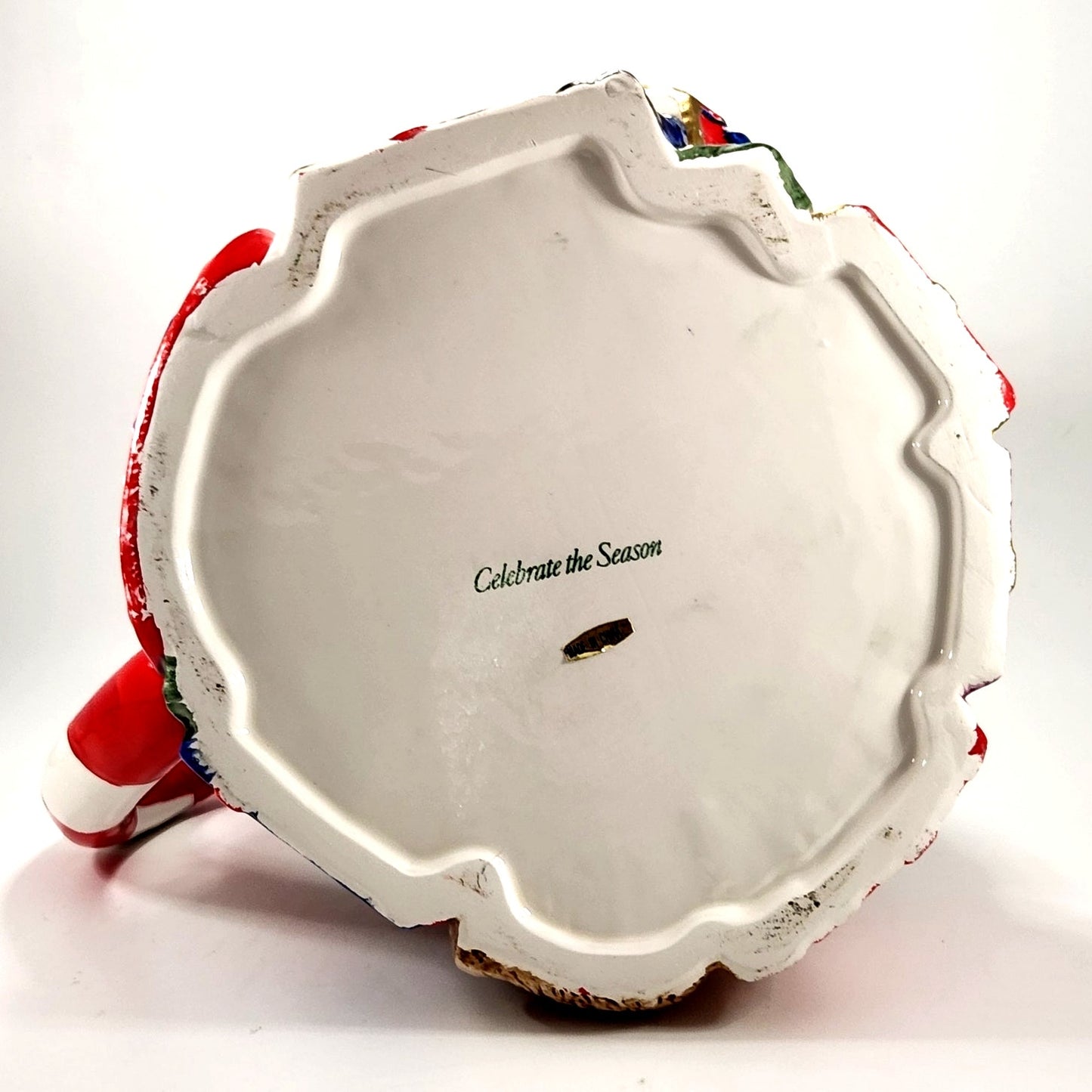 1994 Christmas Tree Ceramic Pitcher with Candy Cane Handle, Teddy Bear & Gift Box Details